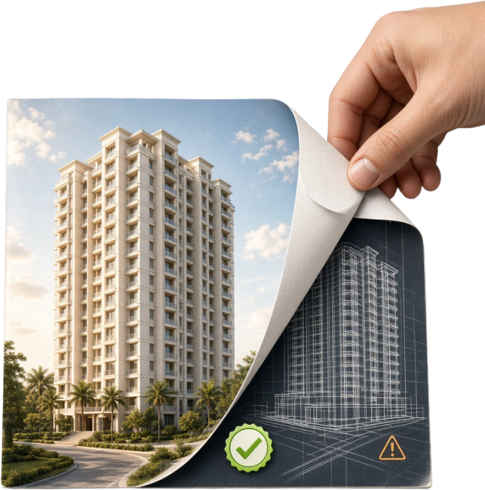 A glossy property brochure peeled back to reveal the data-backed reality underneath