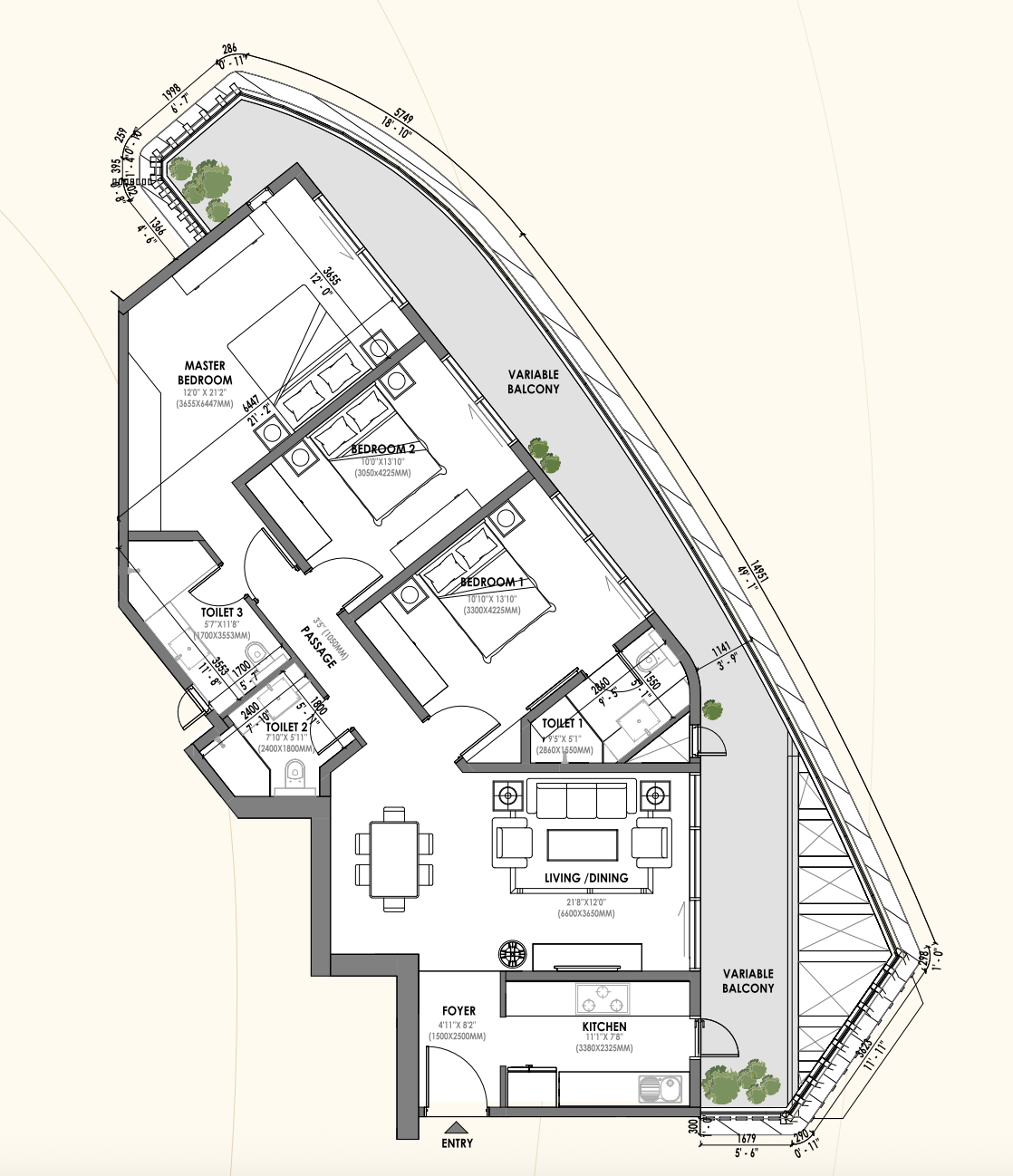 3 BHK floor plan